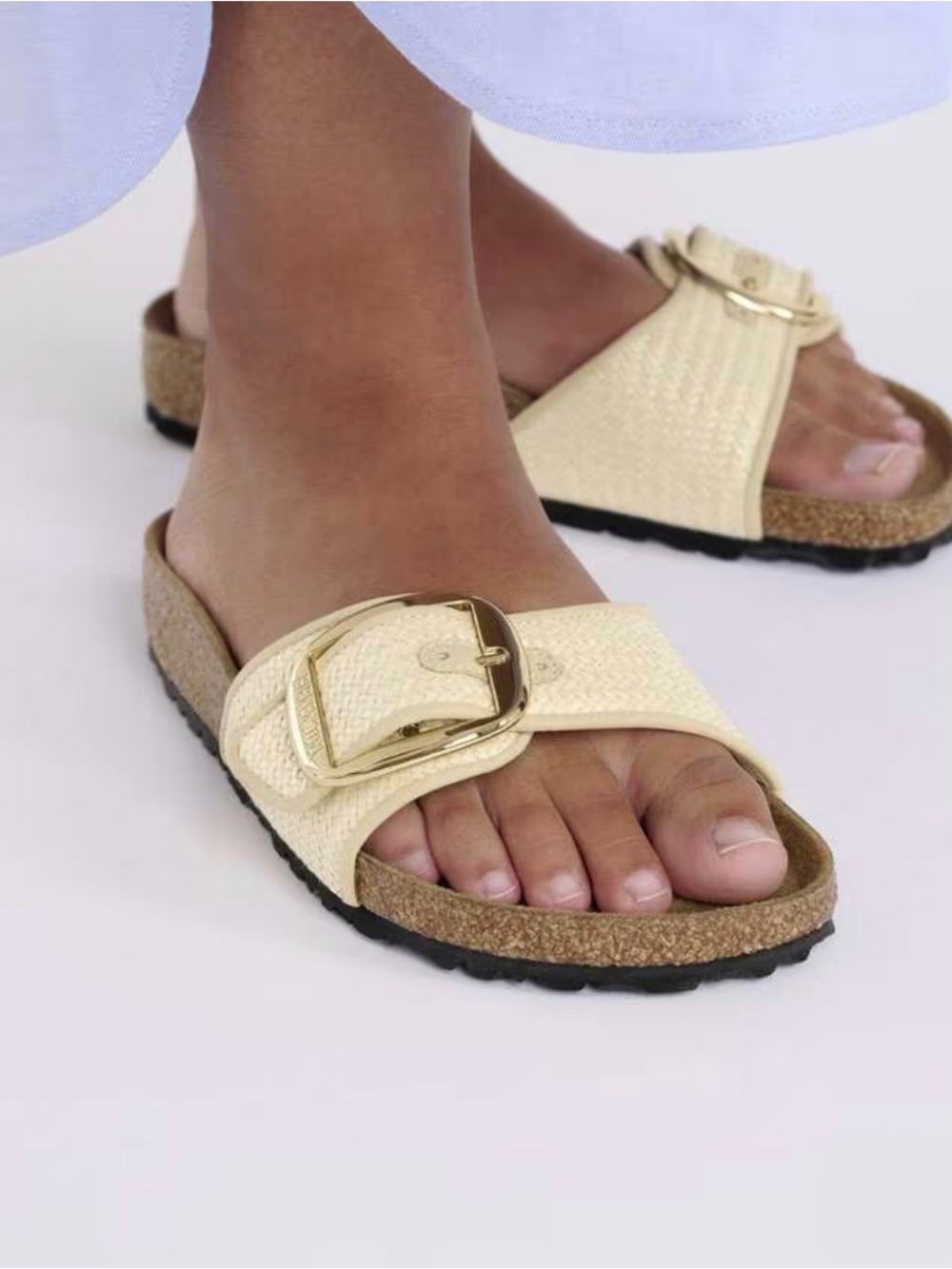 Birkenstock Madrid Big Buckle Raffia Sandals Ivory Size 10 NIB NWT